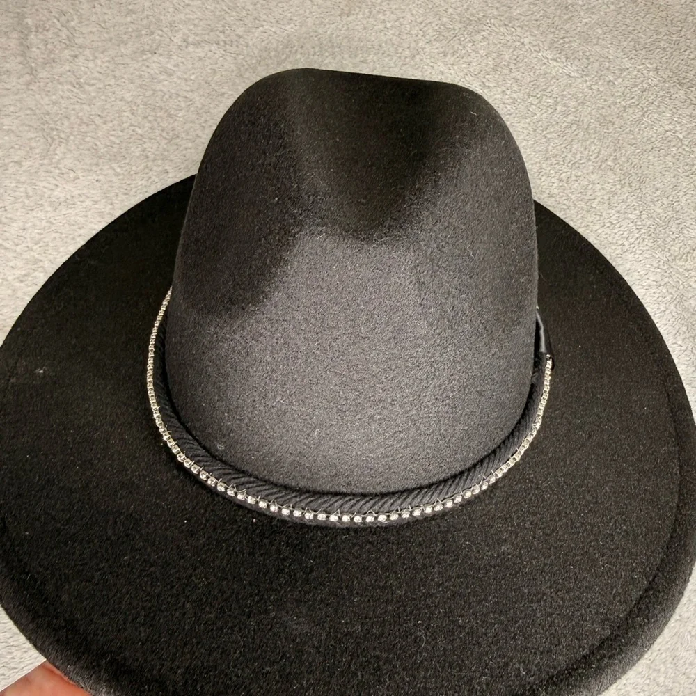 Black Wide Brim Fedora Hat Rhinestone Trim Adjustable Boho Western Chic- New